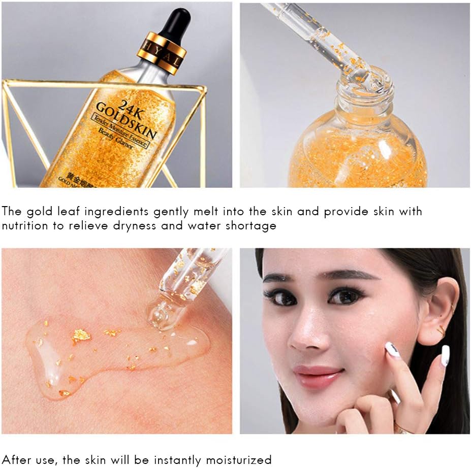 24 K Gold Essence Anti Wrinkle Whitening Collagen Moisturizing Hyaluronic Acid Liquid, Anti-Aging Feuchtigkeitspflege Gel para la piel normal, piel seca, piel grasa, mixta de 100 ml