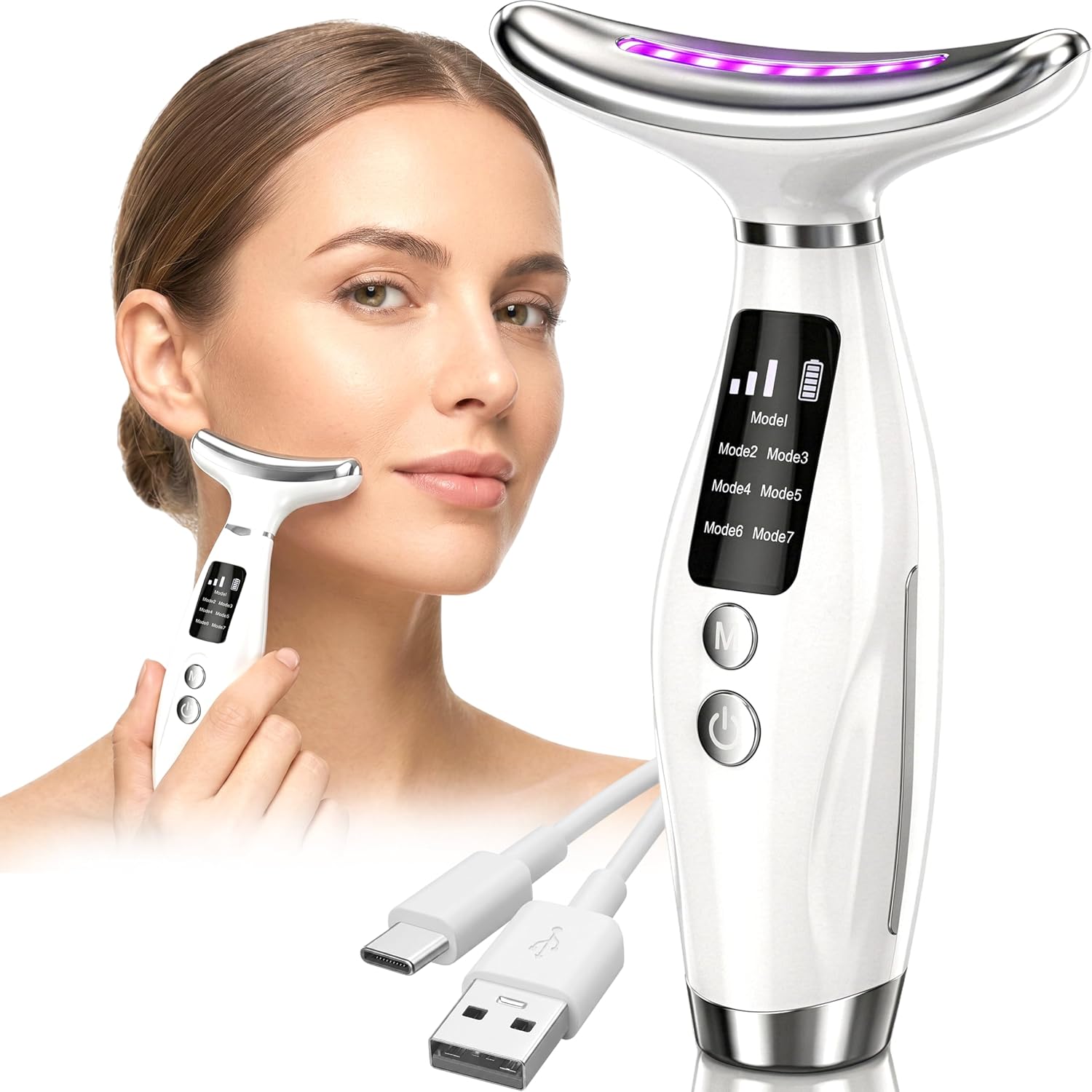 Retoo Masajeador facial contra arrugas con luz LED de 7 colores, 3 modos, función de calor a 45 °C, dispositivo antienvejecimiento, masaje facial EMS para reafirmar la piel cara y cuello USB