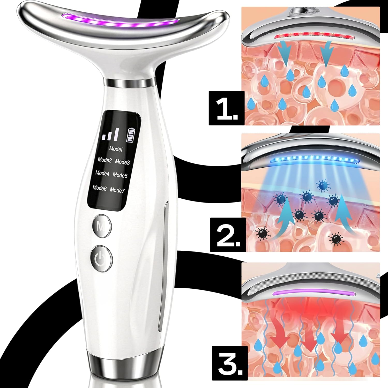 Retoo Masajeador facial contra arrugas con luz LED de 7 colores, 3 modos, función de calor a 45 °C, dispositivo antienvejecimiento, masaje facial EMS para reafirmar la piel cara y cuello USB